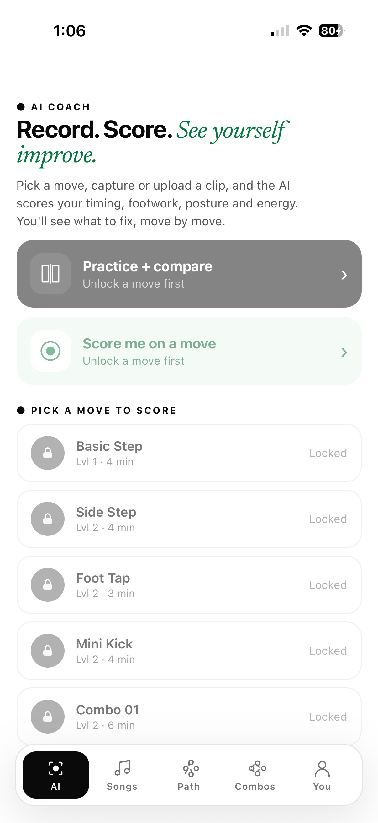 AI Coach screen — record, score, see yourself improve.