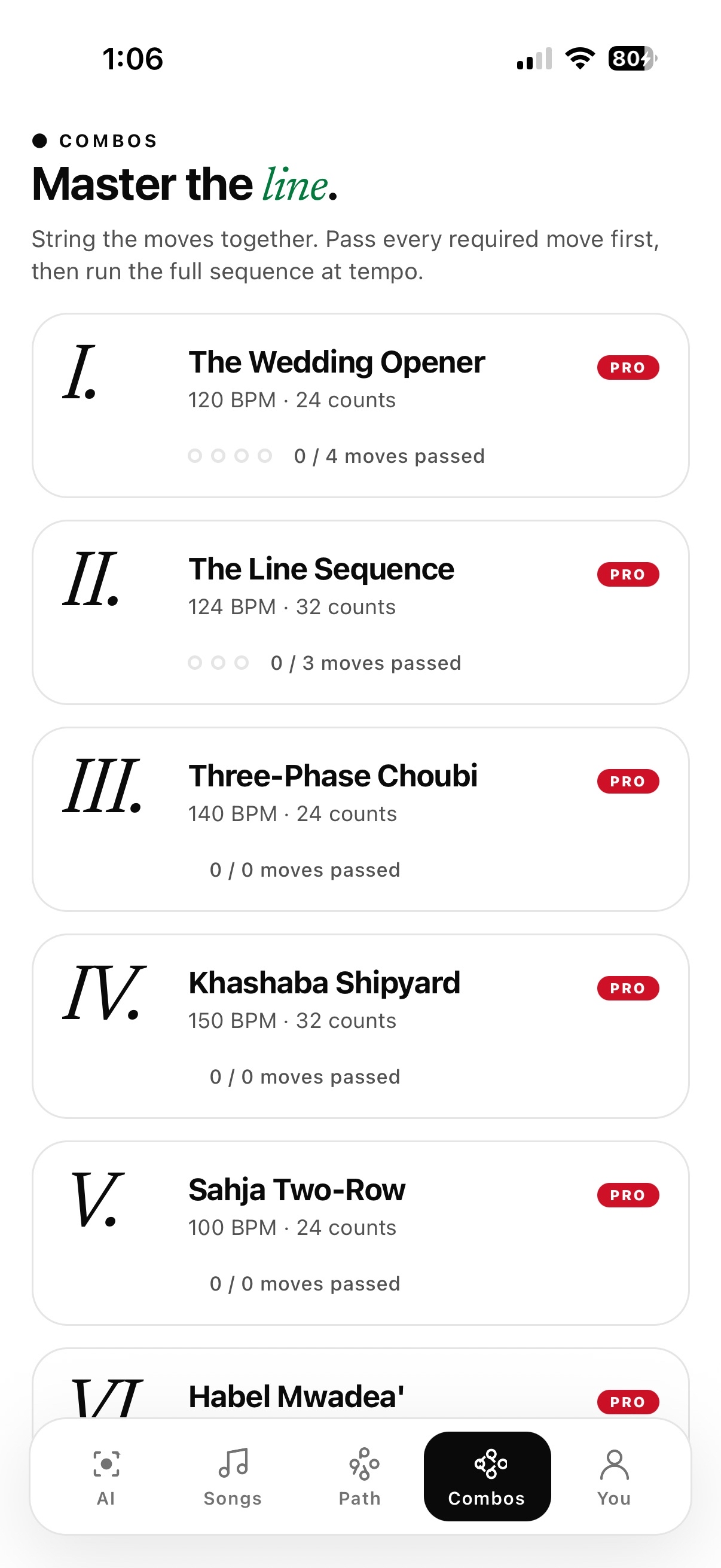 Combos library inside the Dabke app — Wedding Opener, Line Sequence, Choubi, and more.