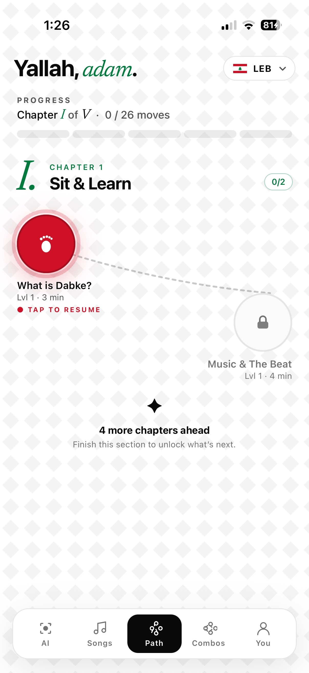 The Dabke skill path screen — Chapter 1 Sit & Learn, opening with 'What is Dabke?' as the first lesson before Music & The Beat unlocks.