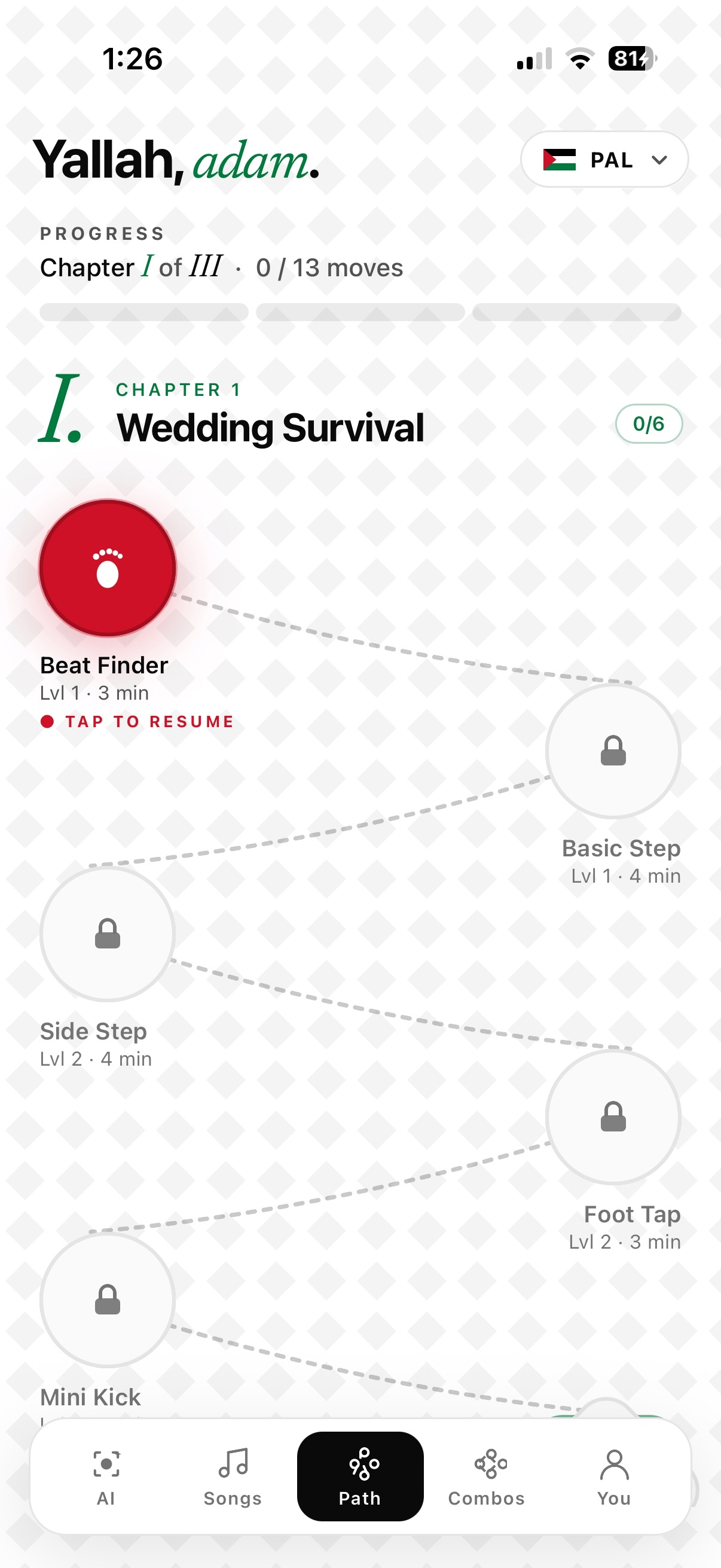 The Dabke skill path — Wedding Survival chapter, Beat Finder ready to resume with Basic Step, Side Step, Foot Tap and Mini Kick on the path.