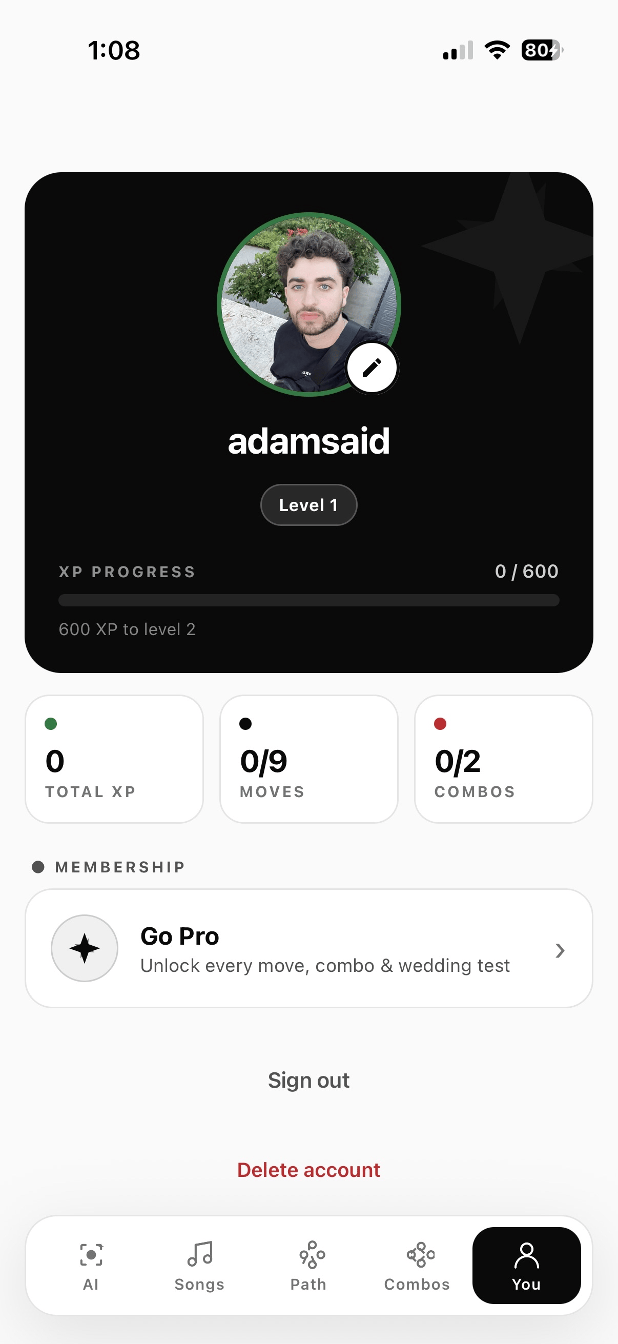 Your Dabke profile — XP, level, moves and combos passed, membership.